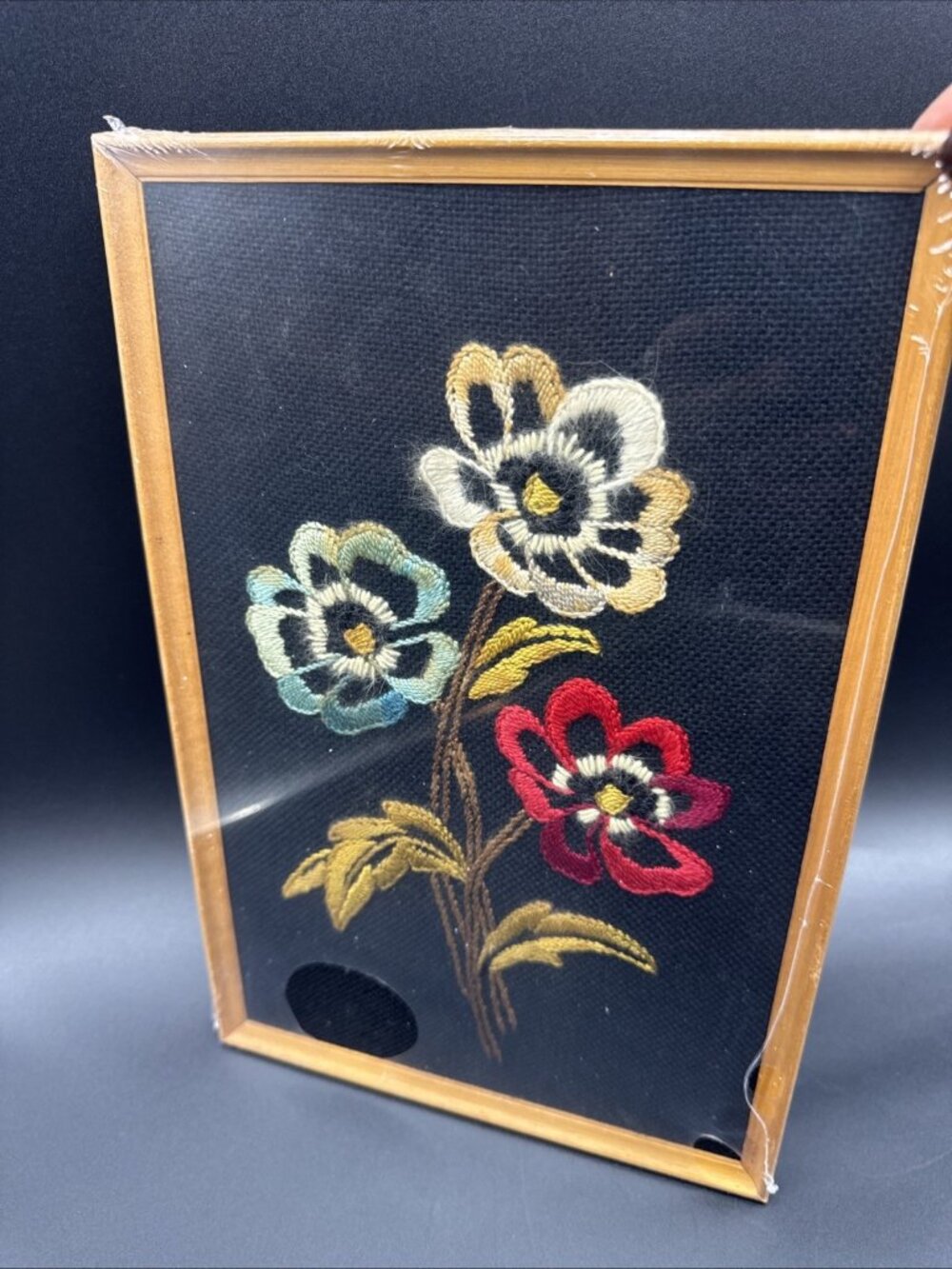 Vintage Flower Floral Black Embroidery Crewel Wood Frame NIP